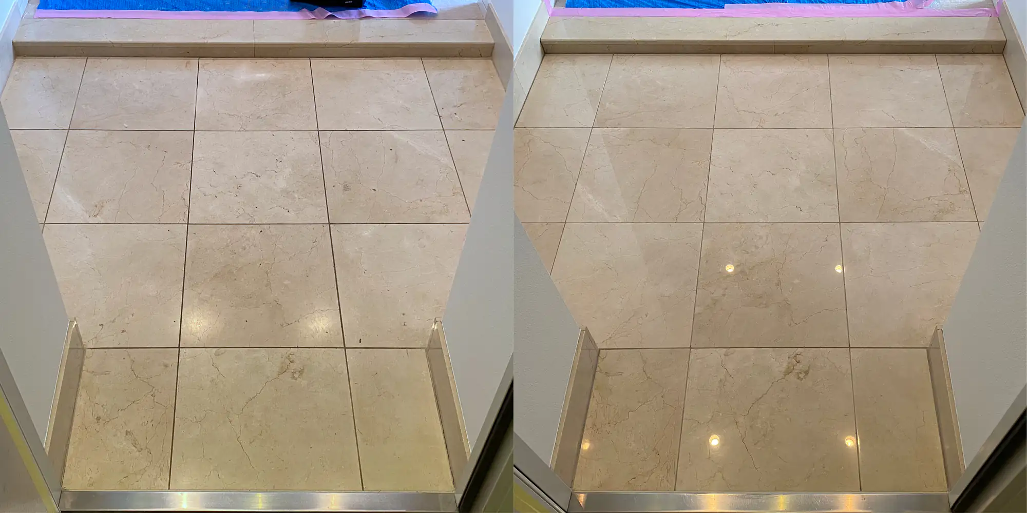 Side-by-side comparison of a tiled floor before and after professional cleaning and polishing results.