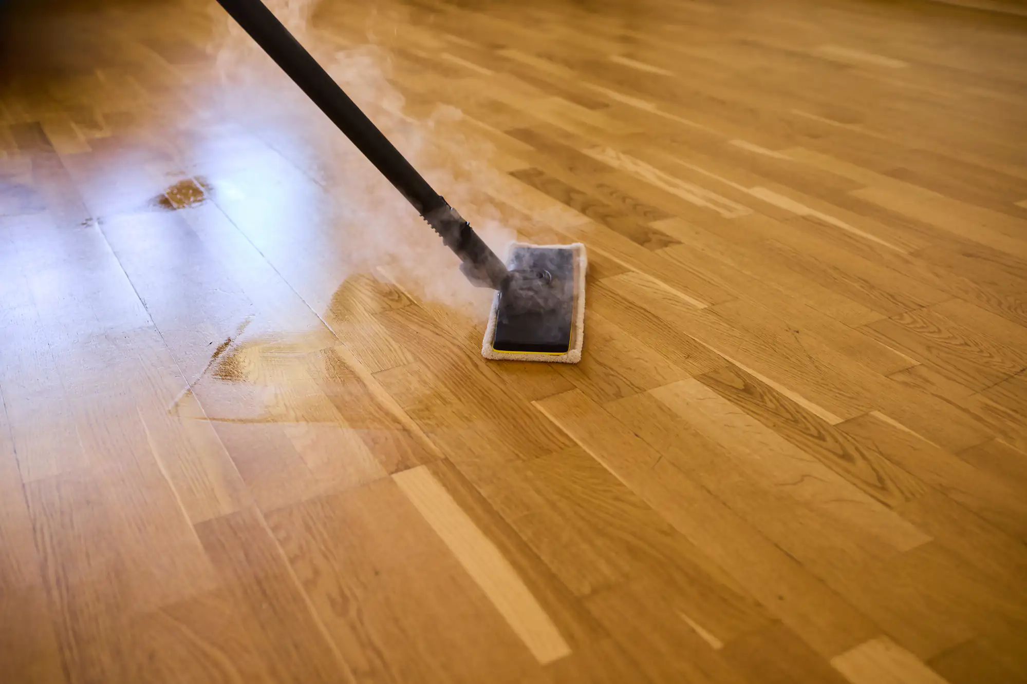 A steam mop cleans and sanitizes a wooden floor, with visible steam rising from the mop head for freshness.